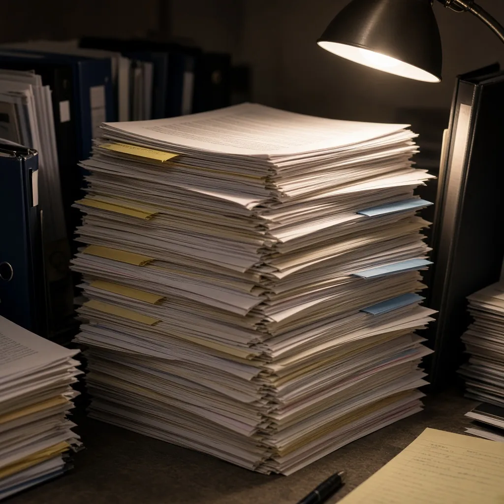 Pilha alta de apostilas impressas sobre uma mesa à noite. Imagem ilustrativa