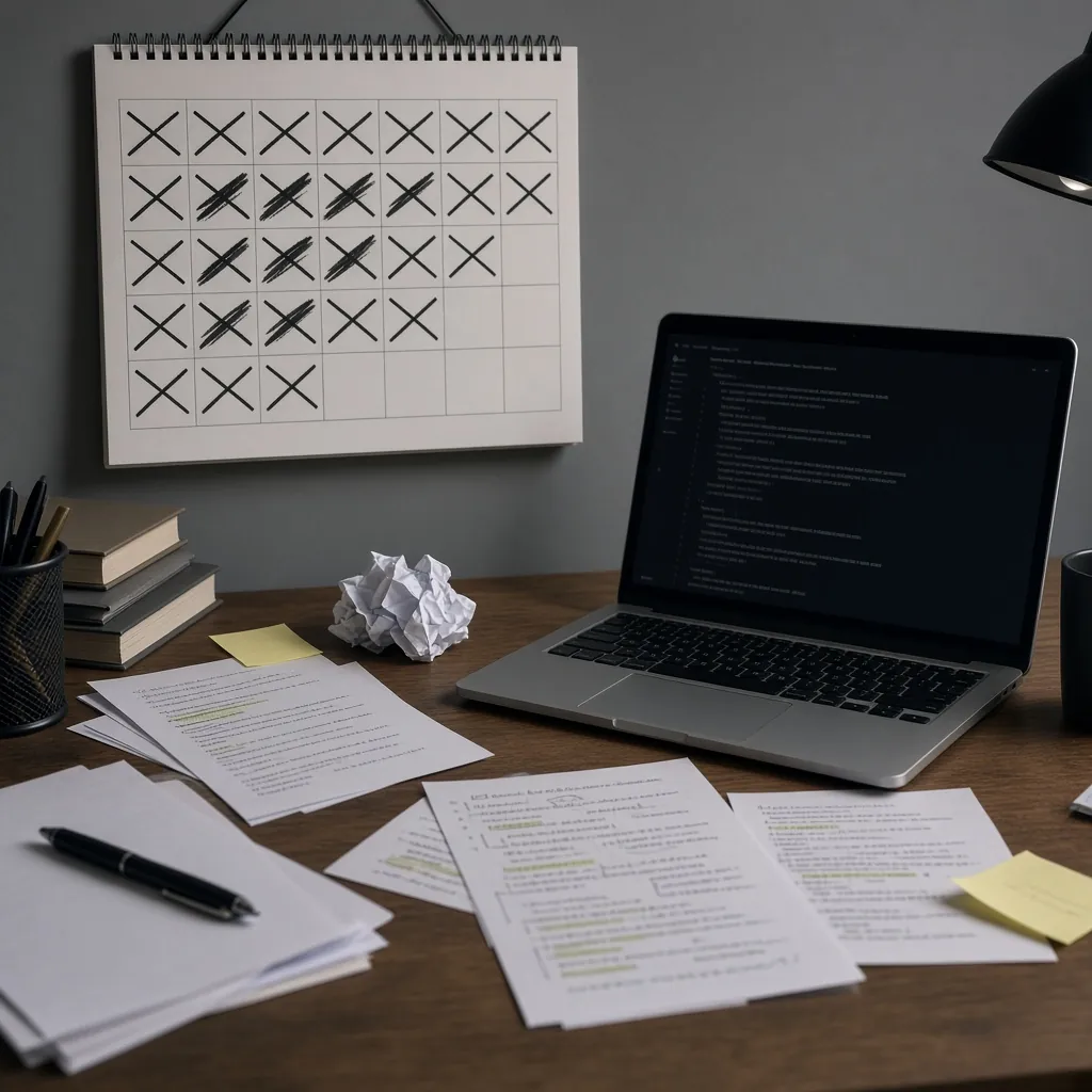 Calendário com dias riscados acima de uma mesa com papéis espalhados. Imagem ilustrativa