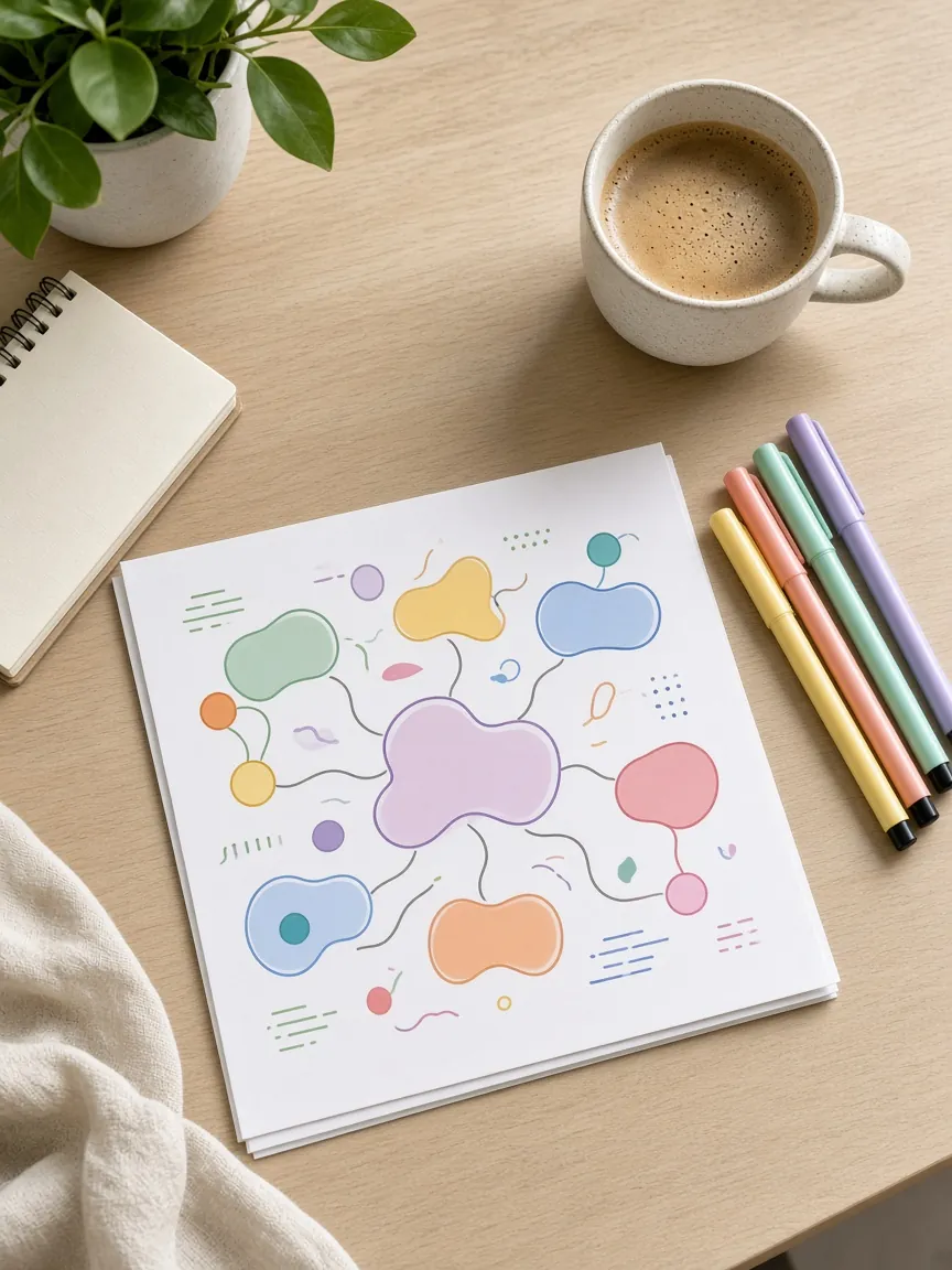Mesa de estudo com um mapa mental colorido impresso, canetas marca-texto e café. Imagem ilustrativa