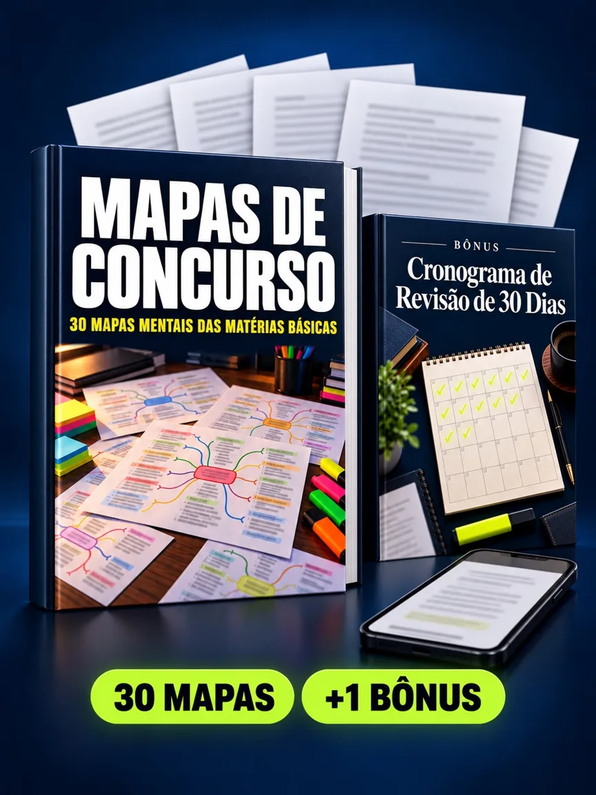Montagem ilustrativa do Mapas de Concurso: livro com a capa, páginas do material e celular e capas dos bônus
