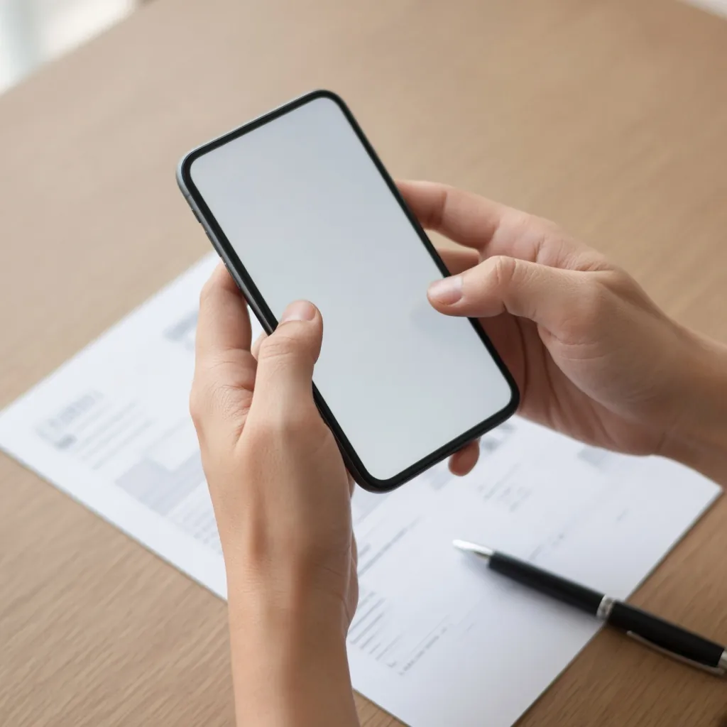 Mãos segurando um celular sobre uma mesa com uma folha impressa. Imagem ilustrativa