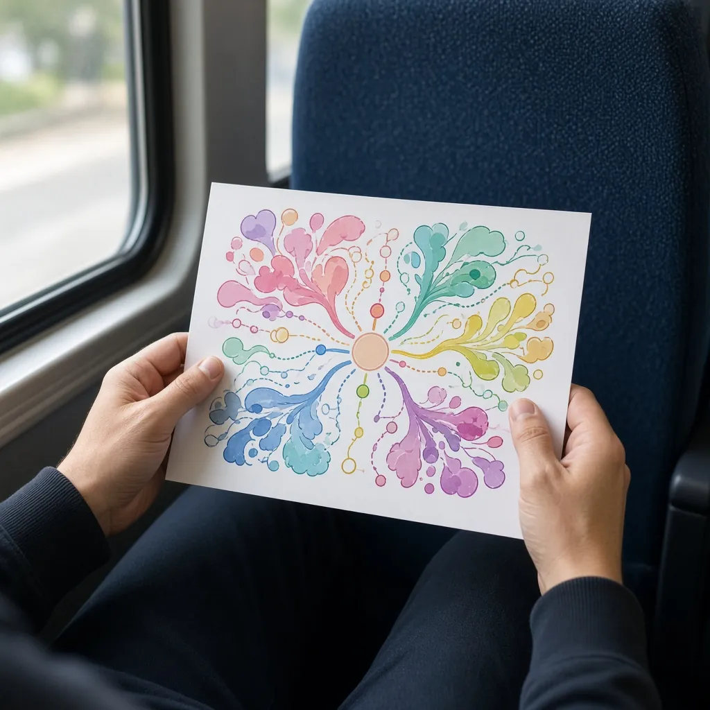 Mãos segurando um mapa mental impresso num banco de ônibus. Imagem ilustrativa
